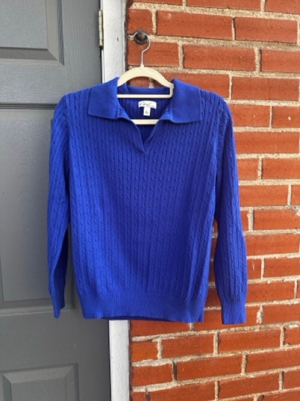 Kim Rogers Cable Knit Polo Sweater Size L 100% Cotton Royal Blue Classic Preppy